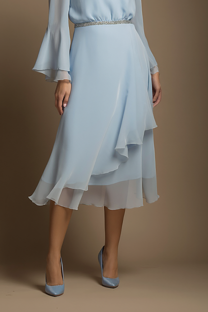 Daily Party Chiffon Dress Light Blue Round Neck Long Sleeve Ruffle Midi Dress