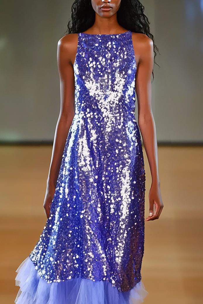 Party Sequin Dress Blue Sleeveless Mesh Panel Multi-Layer Maxi Dress