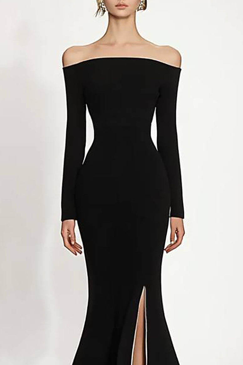 Formal Dress Black Off-Shoulder Long Sleeve Mermaid Floor-Length Gown
