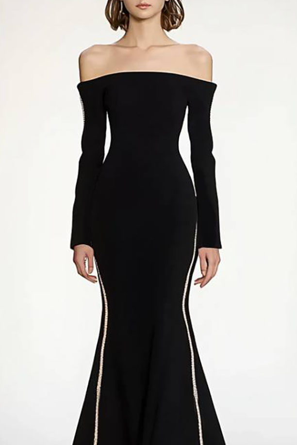 Formal Dress Black Off-Shoulder Long Sleeve Floor-Length Gown