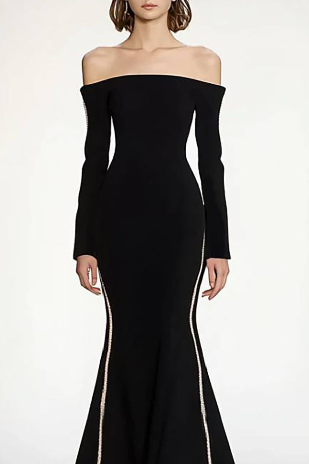 Formal Dress Black Off-Shoulder Long Sleeve Floor-Length Gown