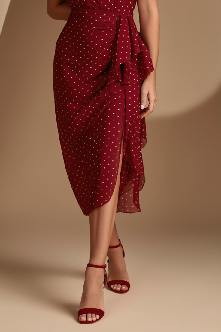 Daily Chiffon Dress Red Square Neck White Polka Dot Side Slit Midi Dress