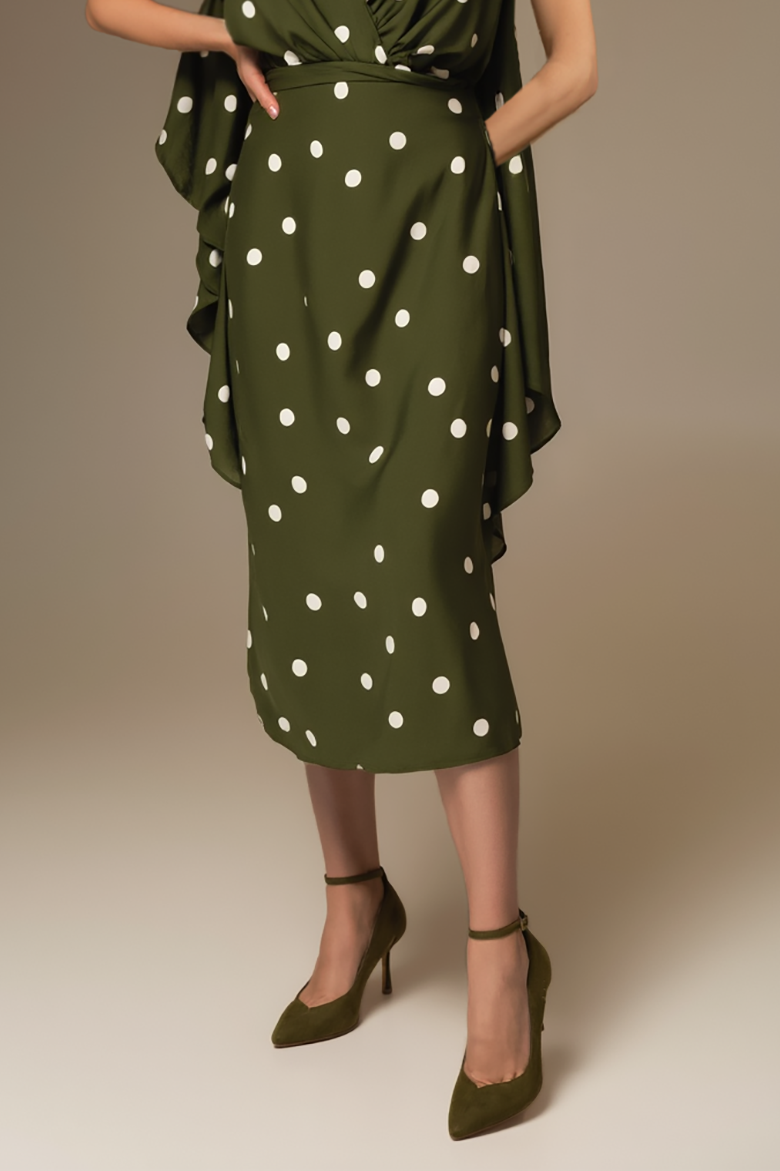 Daily Polka Dot Dress Green Sleeveless Cross Neck Pocketed Midi Dress
