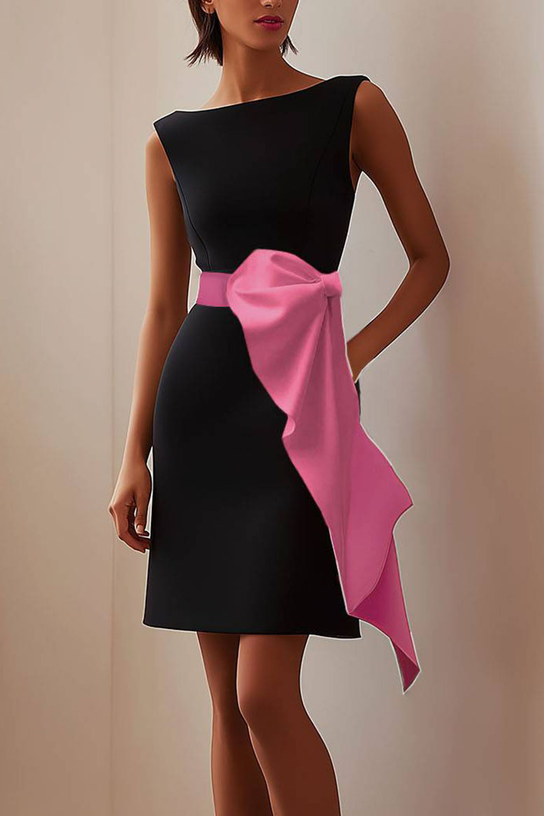 Cocktail Party Bow Dress Sleeveless Pink Belt Short Dress