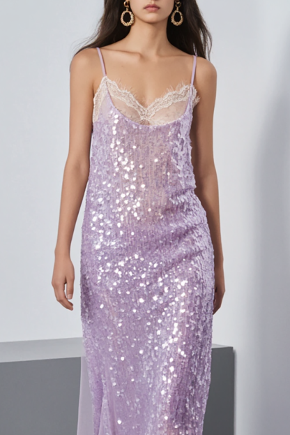 Party Sequin Dress Purple Spaghetti Strap Lace Midi Dress