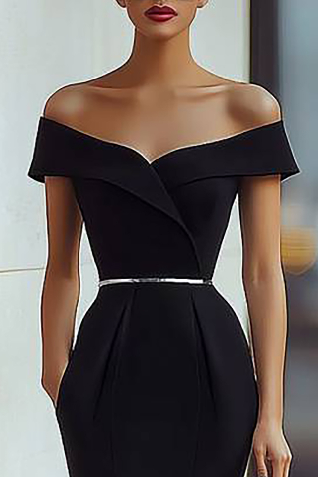 Cocktail Party Dress Black One-Shoulder Pocketed Knee-Length Dress