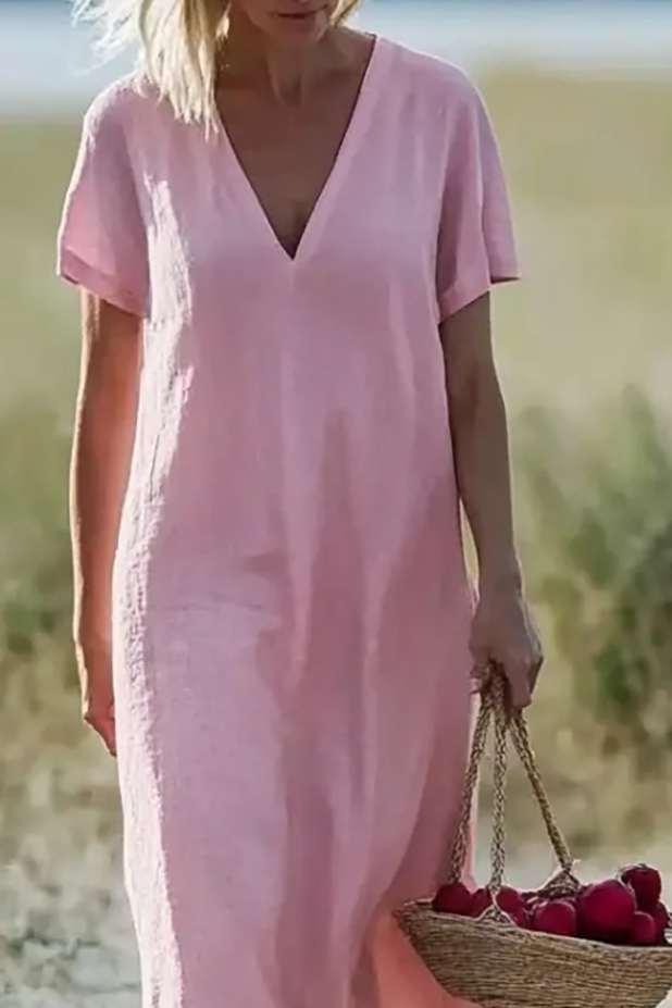 Daily Casual Dress Pink Linen V-Neck Loose Midi Dress