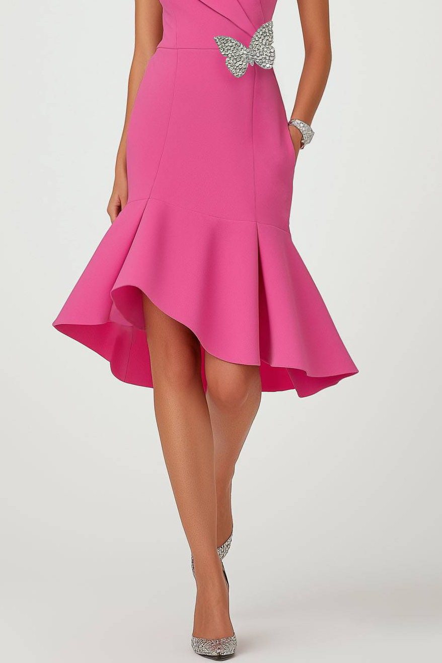Semi-Formal Party Dress Pink Round Neck Butterfly Mermaid Midi Dress