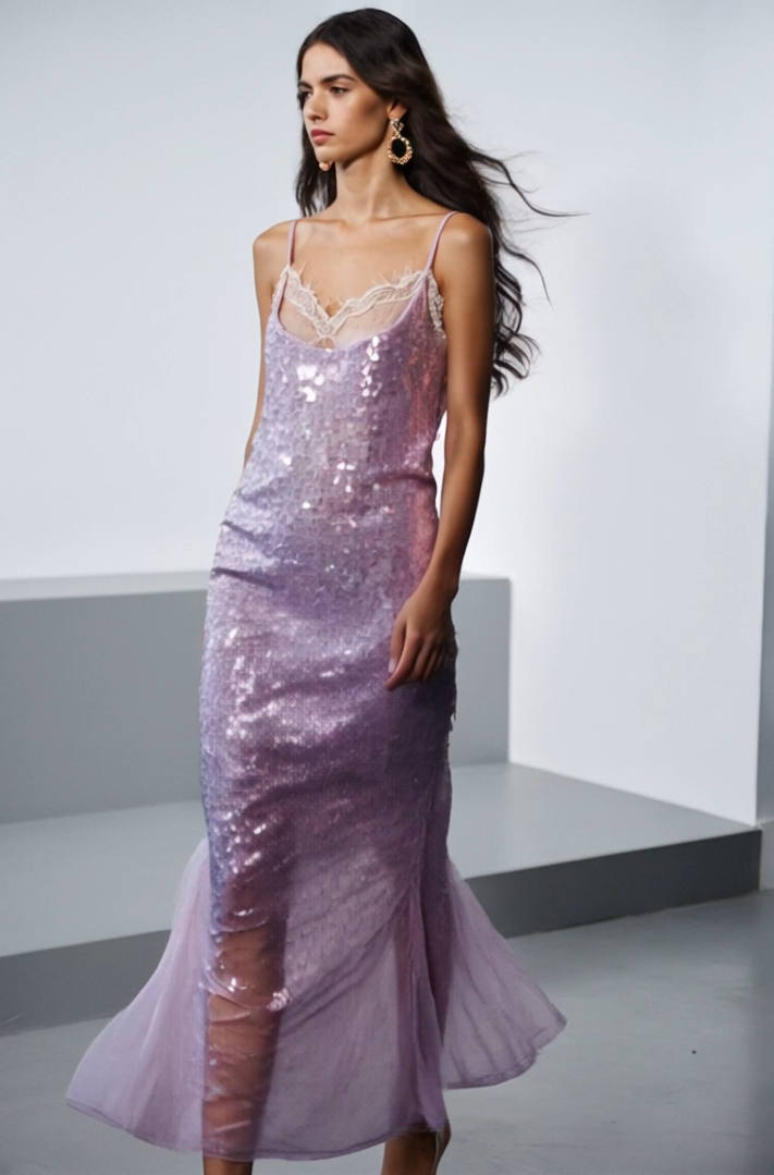 Party Sequin Dress Purple Spaghetti Strap Lace Midi Dress