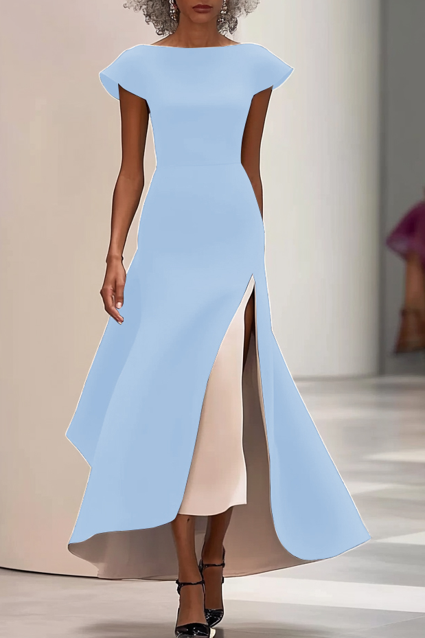 Formal Work Party Boat Neck Royal Blue Sleeveless Belted Slit Midi Dre