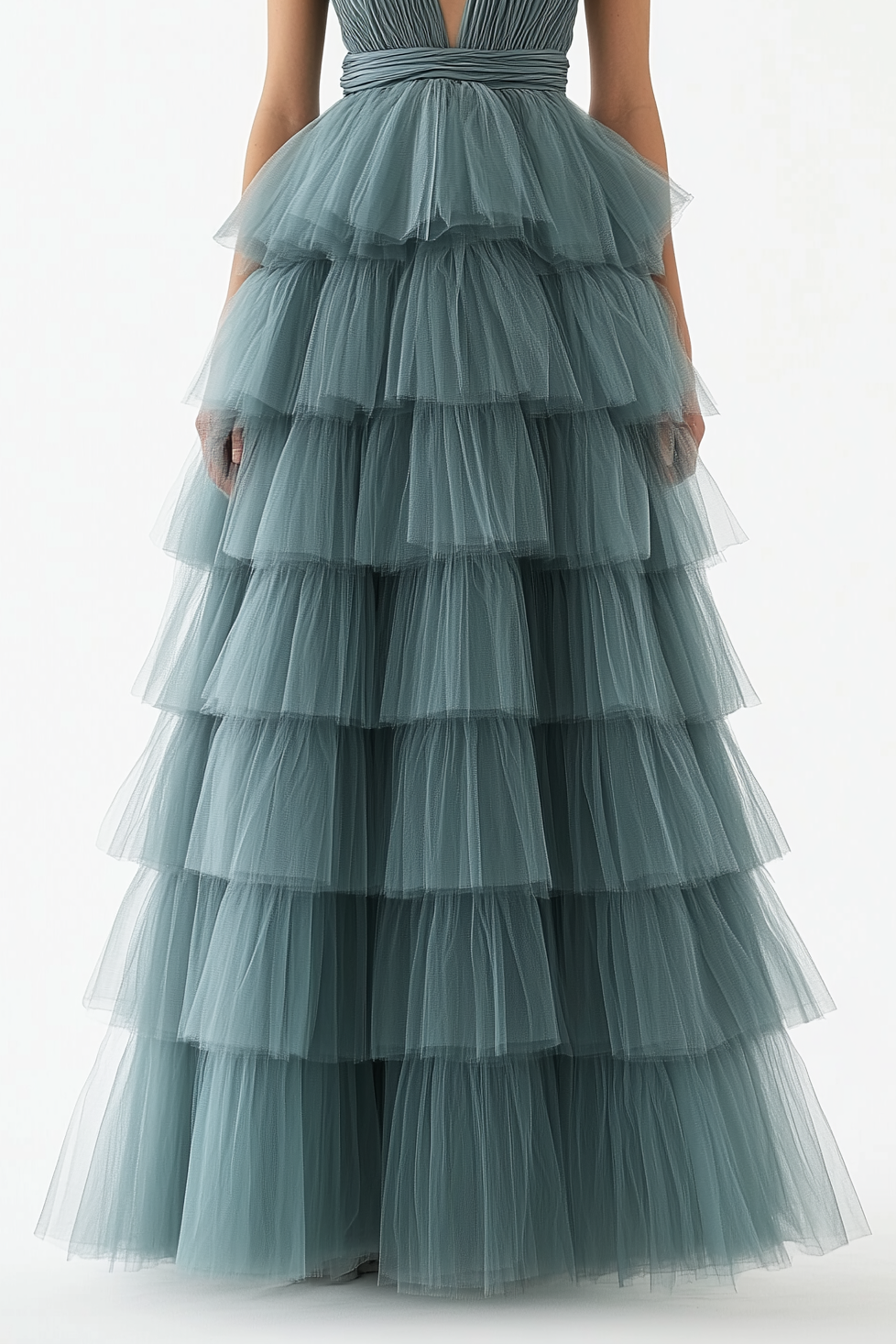 Prom Dress Green Sleeveless Deep V Tiered Layer Dress Floor-Length Gown