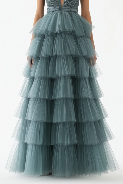Prom Dress Green Sleeveless Deep V Tiered Layer Dress Floor-Length Gown