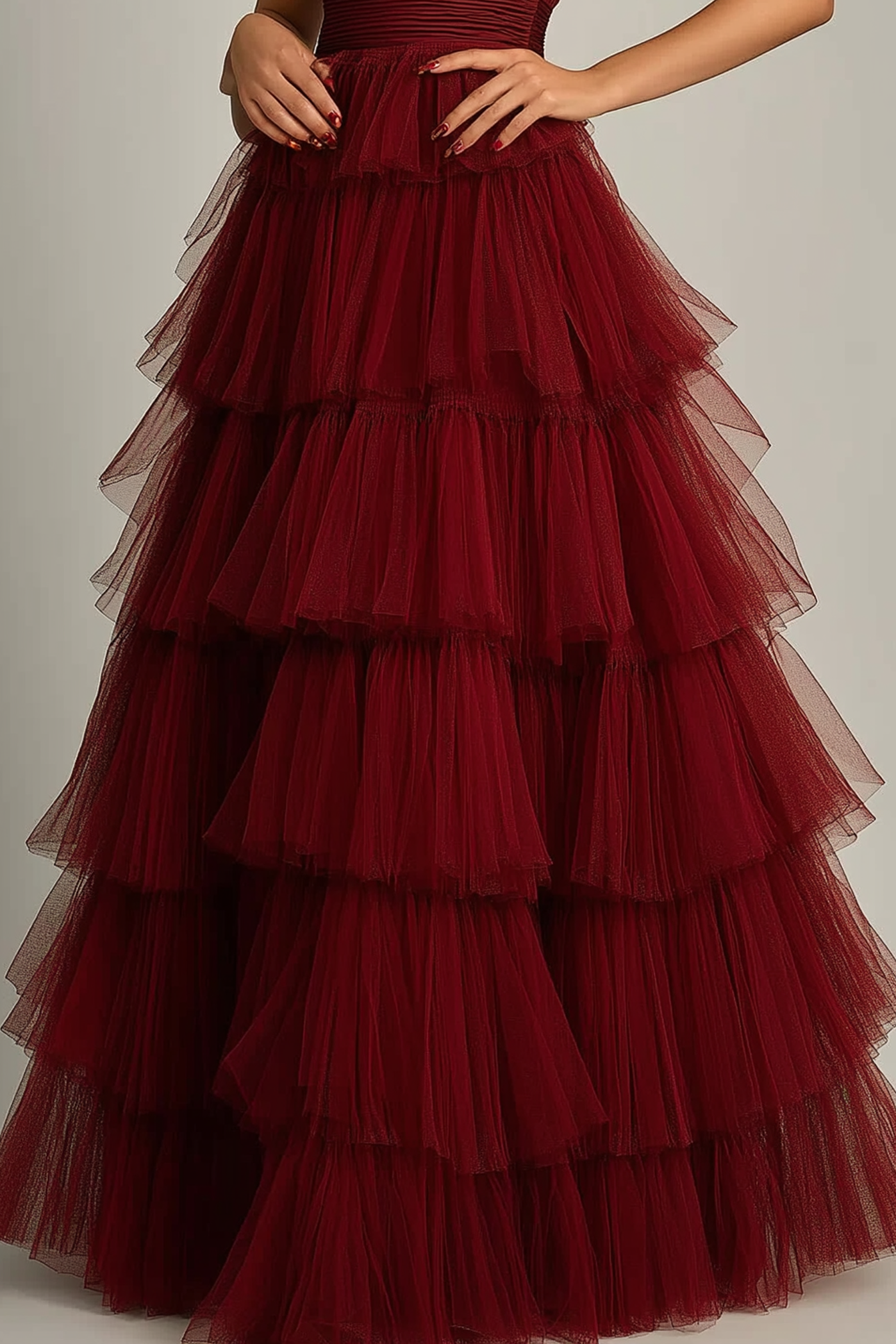 Prom Dress Red Stand Collar Sleeveless Tiered Layer Dress Floor-Length Gown