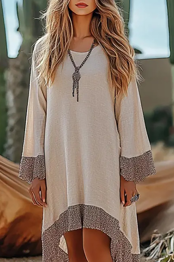 Bohemian Linen Dress Beige Lace Trim Round Neck Mini Dress