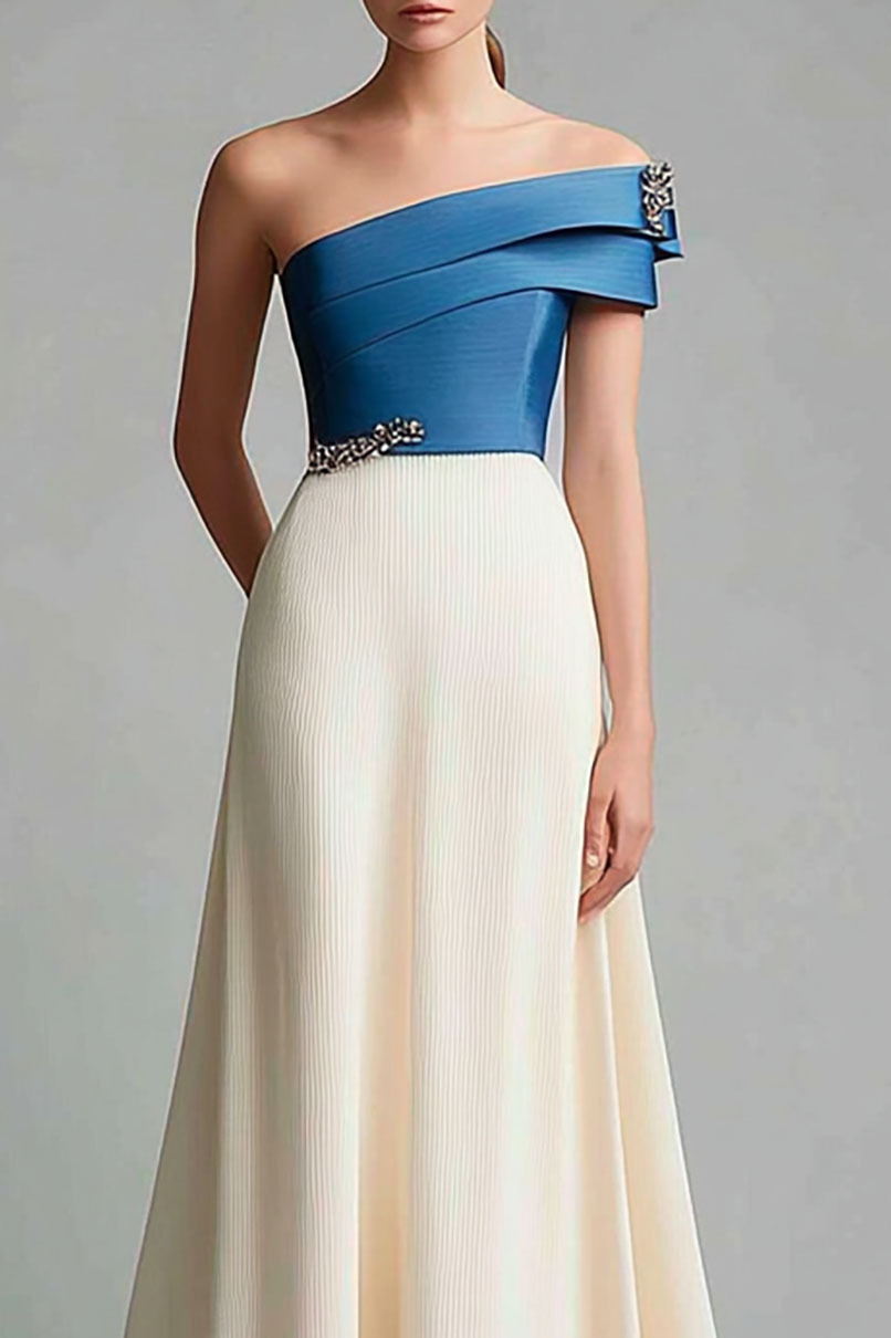 Wedding Guest Blue and White Color-Block Dress One Shoulder Handmade Diamond Long Dress