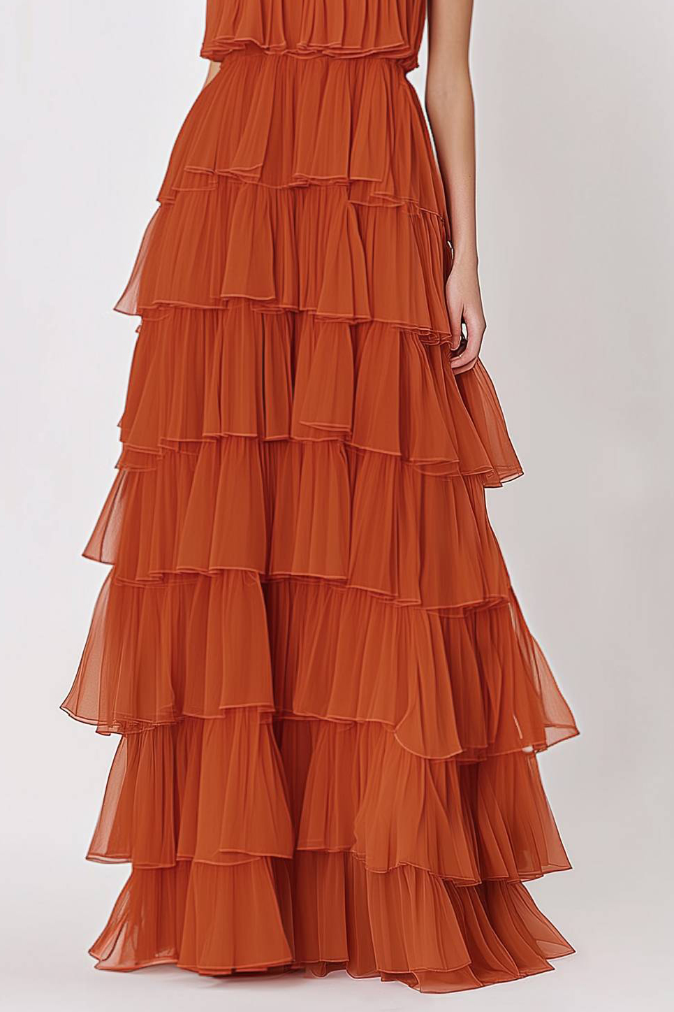 Evening Prom Dress Orange Halter Tiered Layer Dress Floor-Length Gown