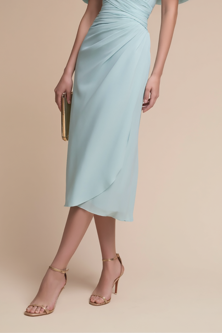 Wedding Guest Semi-Formal Dress Light Blue V-Neck Chiffon Midi Dress