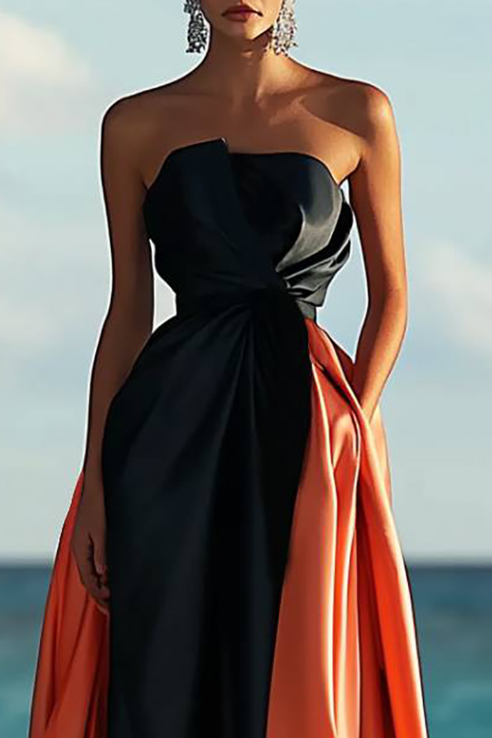 Formal Strapless Dress Black-Orange Pocketed Floor-Length Gown