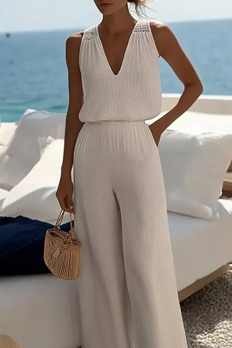Daily Vacation Jumpsuit Beige V-Neck Sleeveless Pocket Jumpsuit