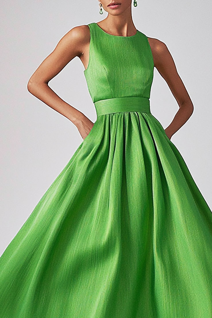 Daily Sleeveless Dress Green Round Neck Long Dress Maxi Dress