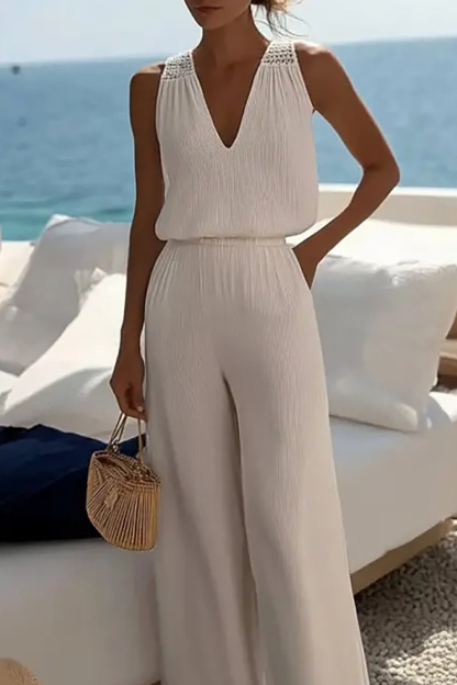 Daily Vacation Jumpsuit Beige V-Neck Sleeveless Pocket Jumpsuit