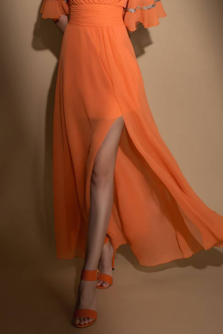 Cocktail Party Dress Orange V-Neck Side Slit Chiffon Maxi Dress
