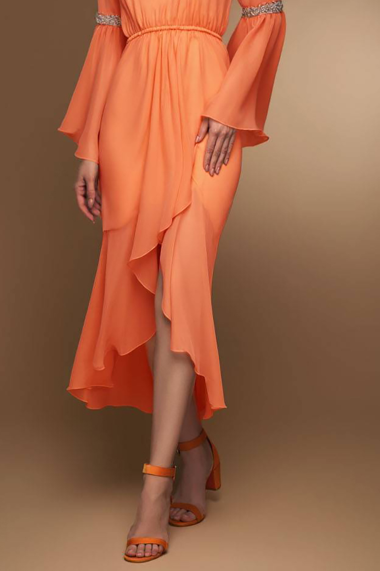 Cocktail Party Dress Orange Round Neck Long Sleeve Chiffon Side Slit Midi Dress