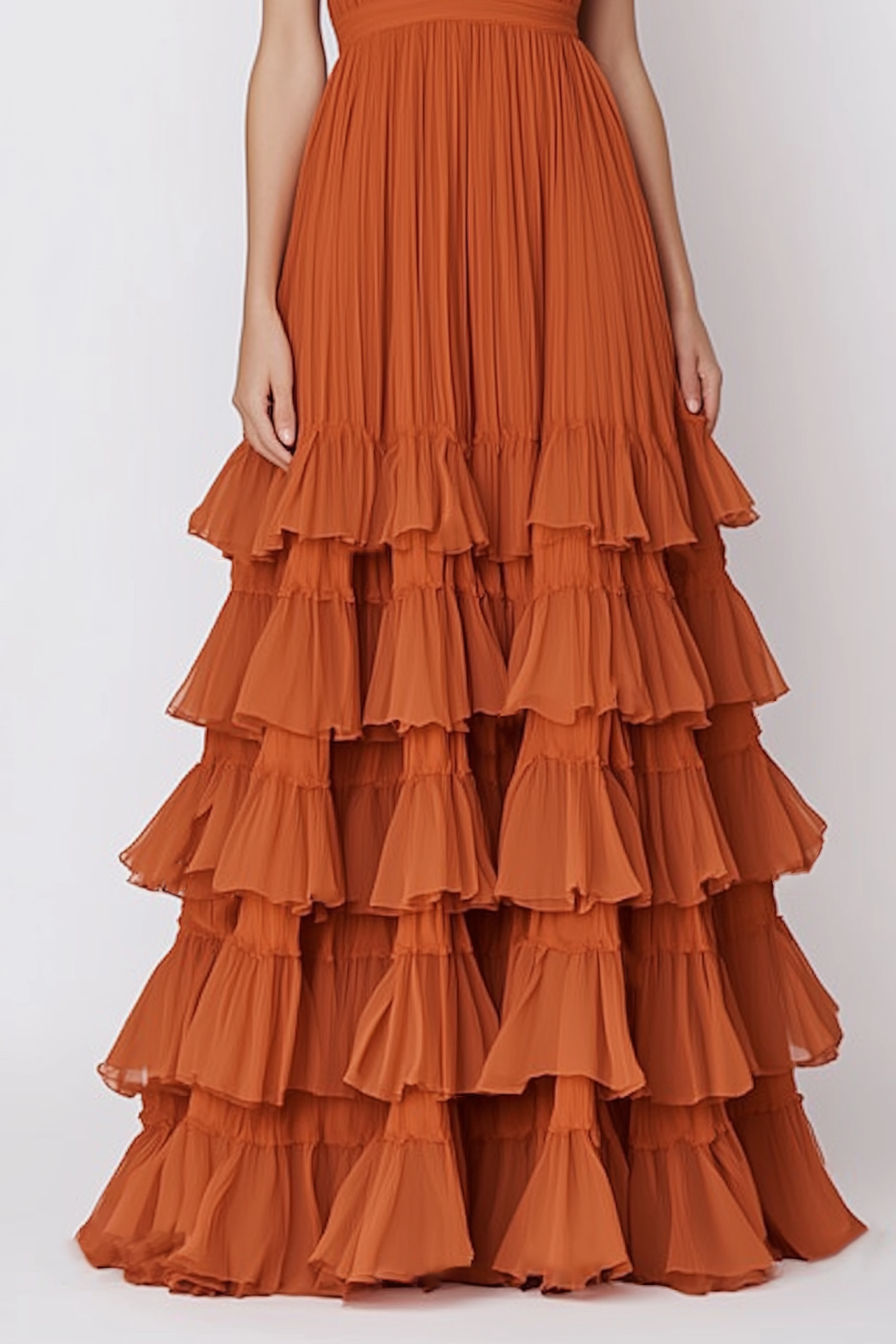 Evening Dress Orange Halter Neck Ruffle Tiered Layer Floor-Length Gown