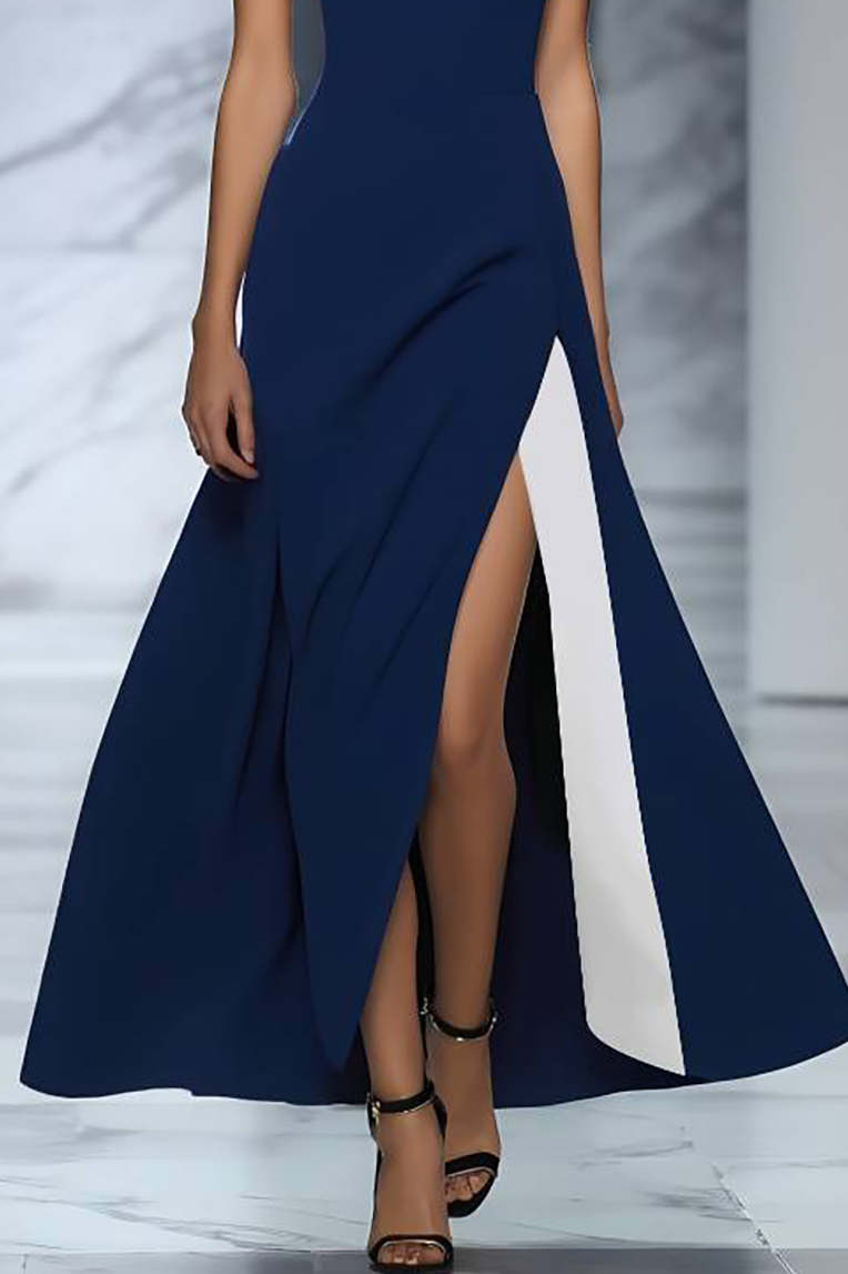 Formal Evening Dress Deep Blue Boat Neck Side Slit Maxi Gown