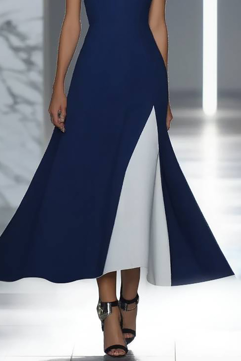 Formal Evening Dress Blue White Colorblock Round Neck Midi Dress