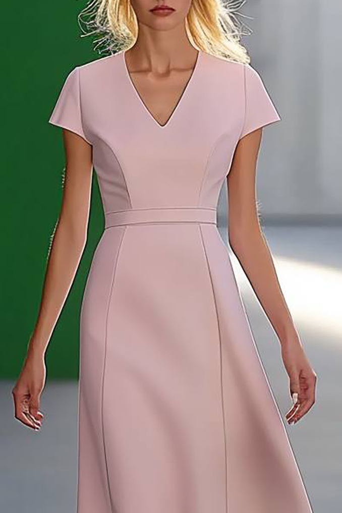 Wedding Guest Semi-Formal Dress Light Pink V-Neck Knee-Length Dress