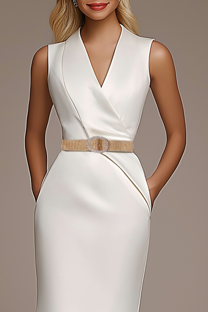 Work Dress White Satin Cross Neck Sleeveless Pocket Knee-Length Dress