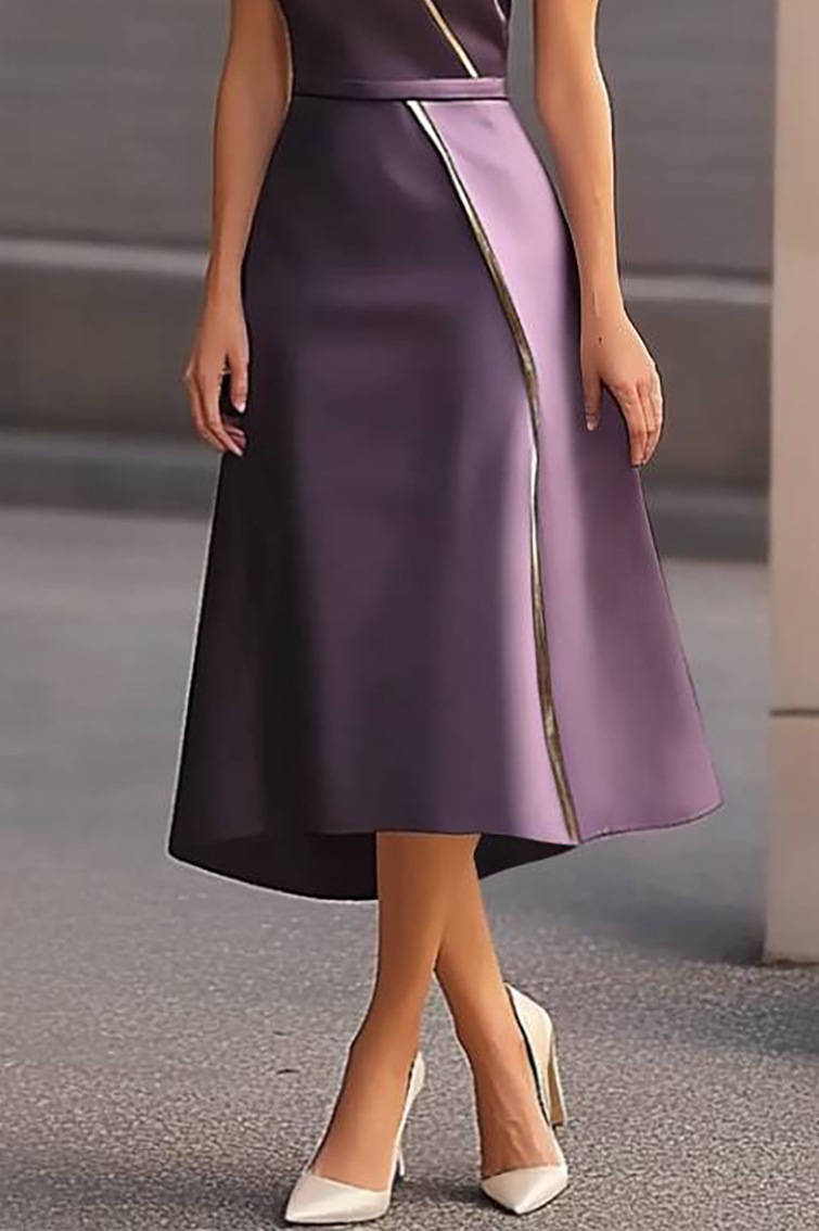 Work Semi-Formal Dress Purple Cross Neck Short Sleeve Midi Dress