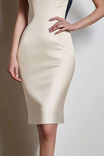 Cocktail Party Dress Beige Satin Sleeveless U-Neck Fitted Knee-Length Dress