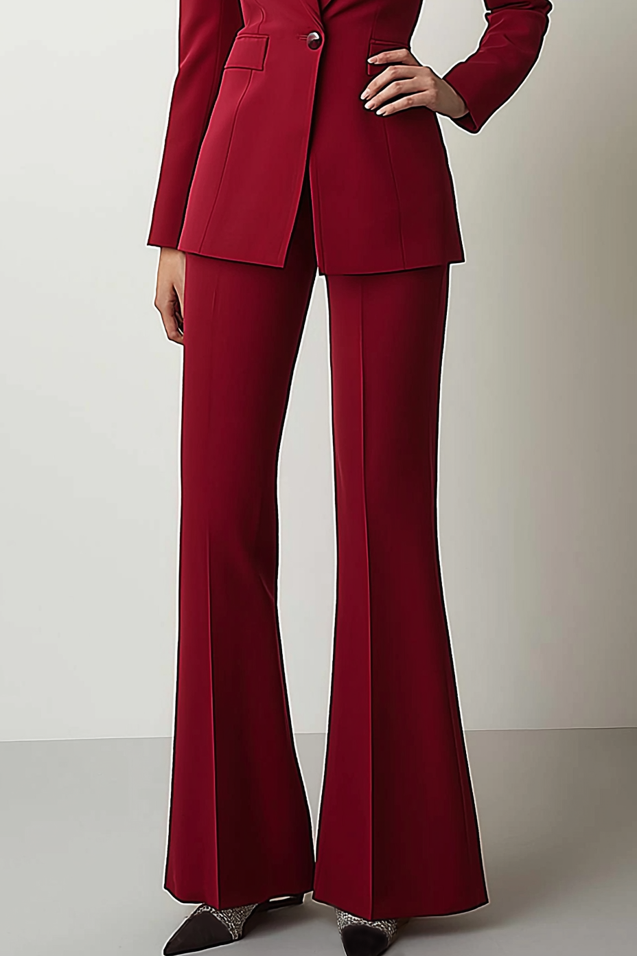 Formal Work Suit Set Red Long Sleeve Flared Pants Suit