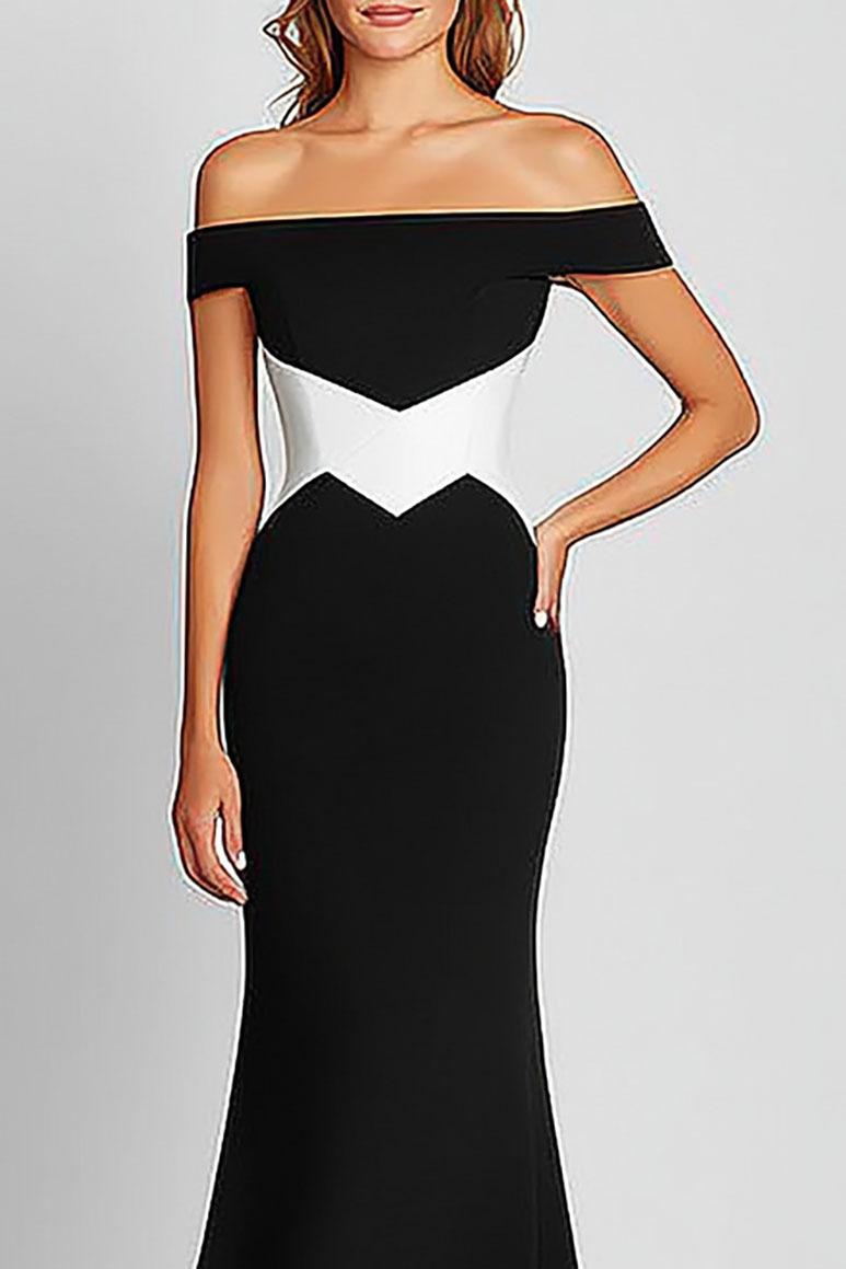 Formal Drop Shoulder Dress Waist White Contrast Design Maxi Dress