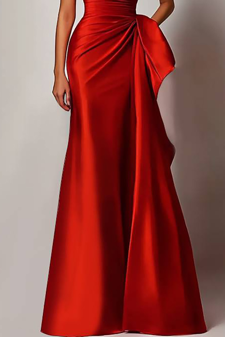 Evening Formal Dress Red Strapless Satin Floor-Length Gown