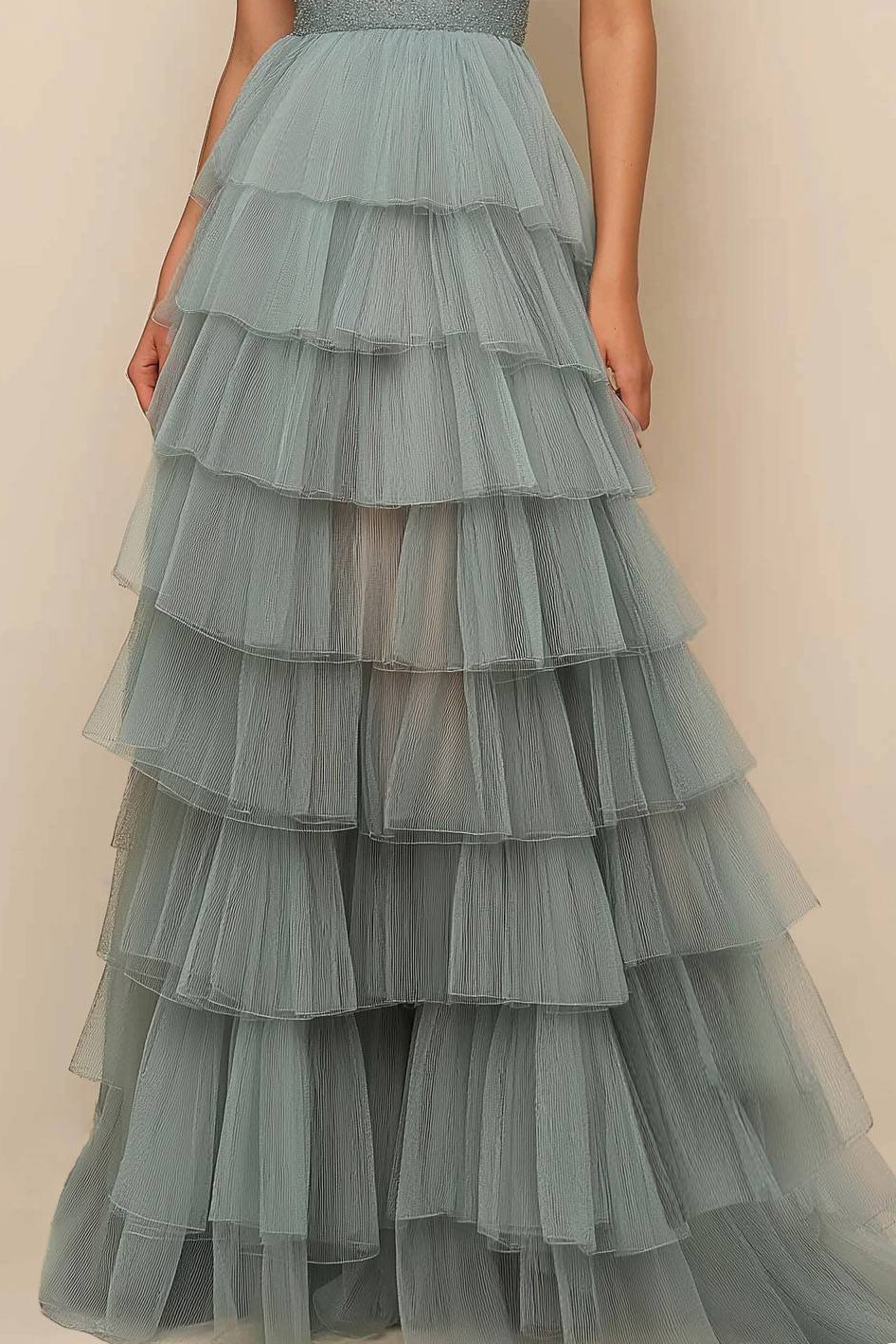 Prom Tiered Layer Dress Light Green Spaghetti Strap Pleated Mesh Floor-Length Dress