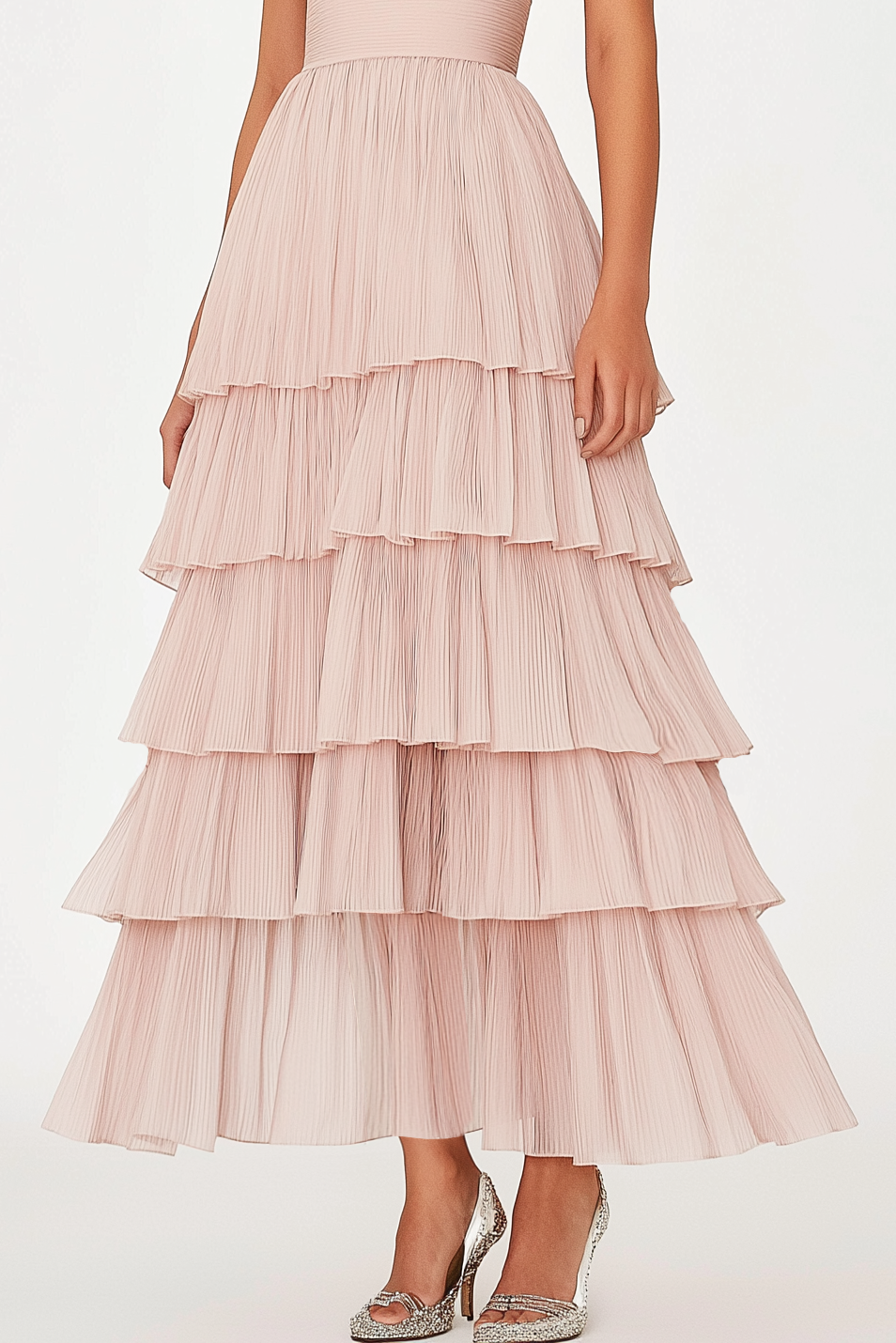 Prom Tiered Layer Dress Light Pink Sleeveless Mesh Maxi Dress