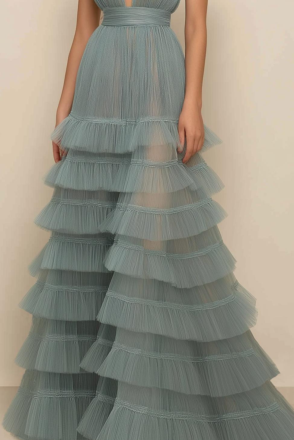 Prom Tiered Layer Dress Light Green Pleated Mesh Floor-Length Dress
