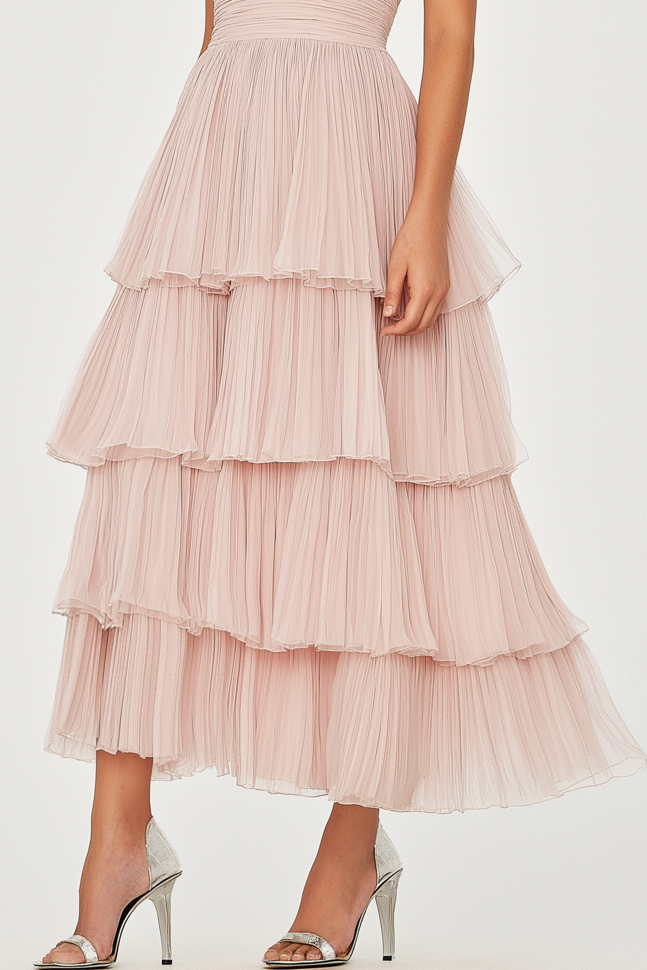 Prom Tiered Layer Dress Light Pink Off Shoulder Pleated Mesh Maxi Dress