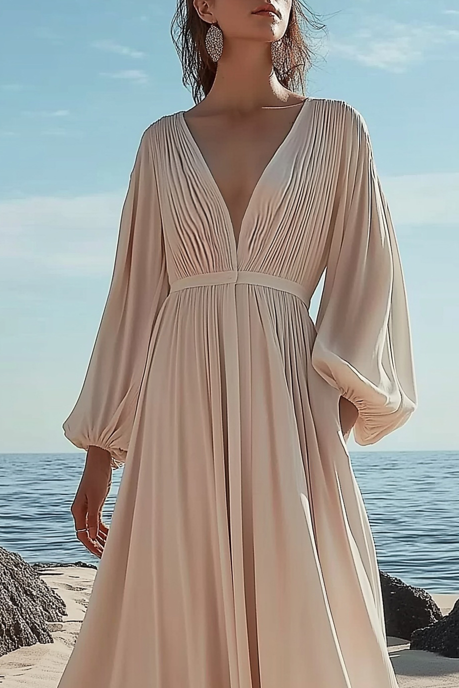 Casual Vacation Dress Beige V-Neck Puff Sleeve Maxi Dress