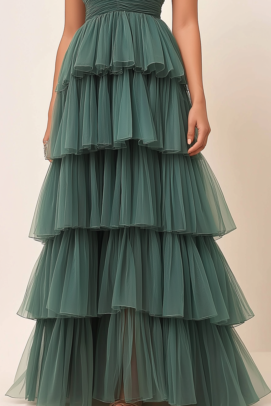 Prom Tiered Layer Dress Green Spaghetti Strap Deep V Mesh Floor-Length Dress