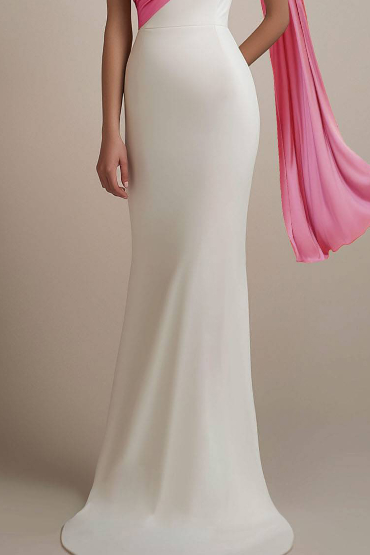 Evening Formal Satin Dress White Pink One Shoulder Floor-Length Gown