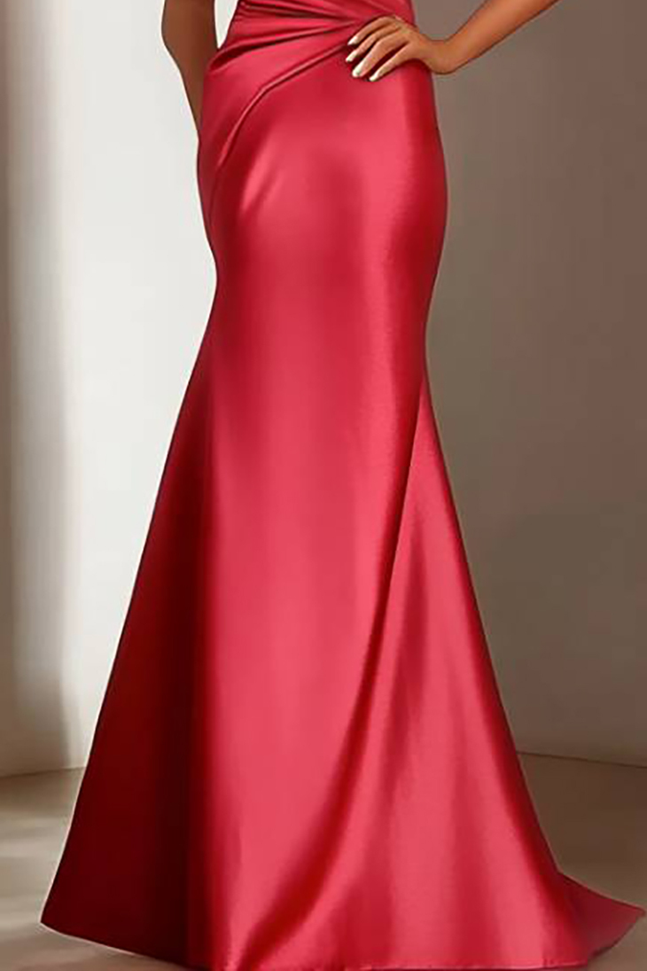 Evening Formal Satin Dress Red Strapless Ruched Waist Floor-Length Gown