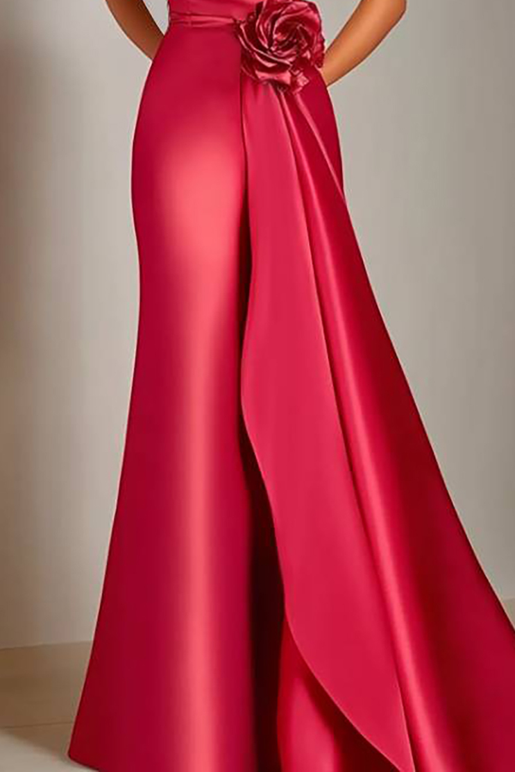 Evening Formal Satin Dress Red One Shoulder 3D Floral Draped Floor-Length Gown