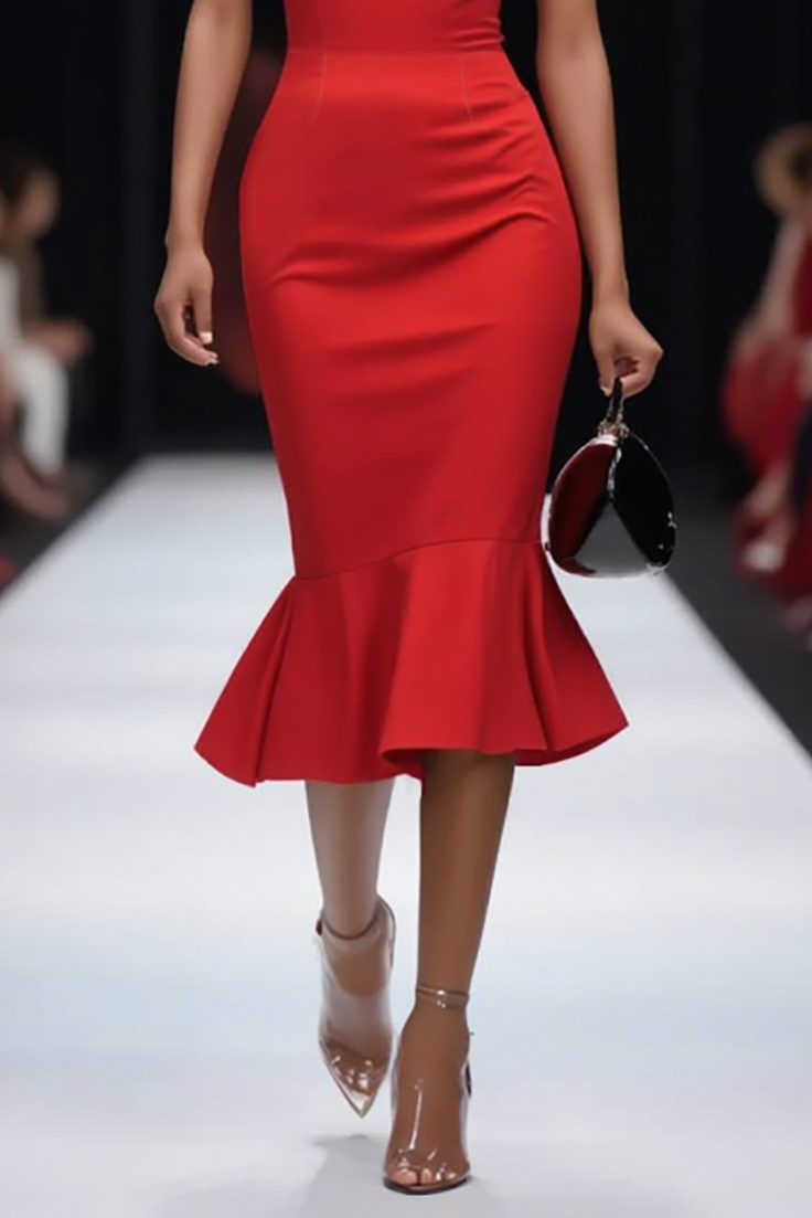 Cocktail Party Dress Red Strapless Fitted Mermaid Midi Dress