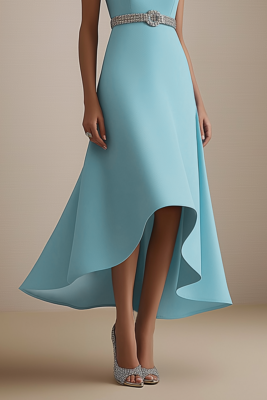 Party Semi-Formal Dress Light Blue Sleeveless Rhinestone Waist Midi Dress