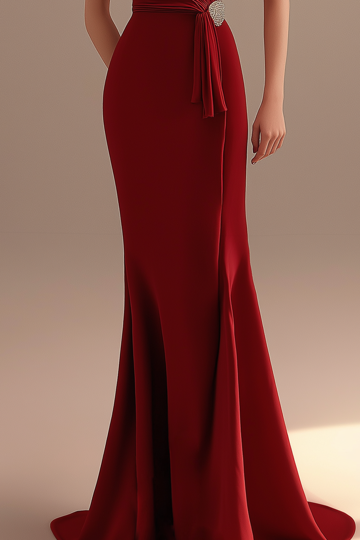 Evening Formal Dress Red One Shoulder Pleated Mermaid Floor-Length Gown