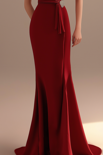 Evening Formal Dress Red One Shoulder Pleated Mermaid Floor-Length Gown